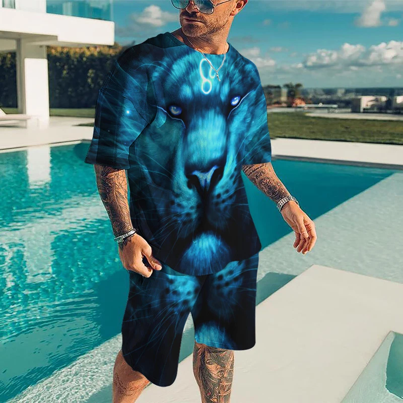 Tiger King 2022 Summer 3D Printed Mens Casual T-shirt Shorts Sets Mens Tracksuit O-Neck Short Sleeve Mens Clothes Suit 2-piece