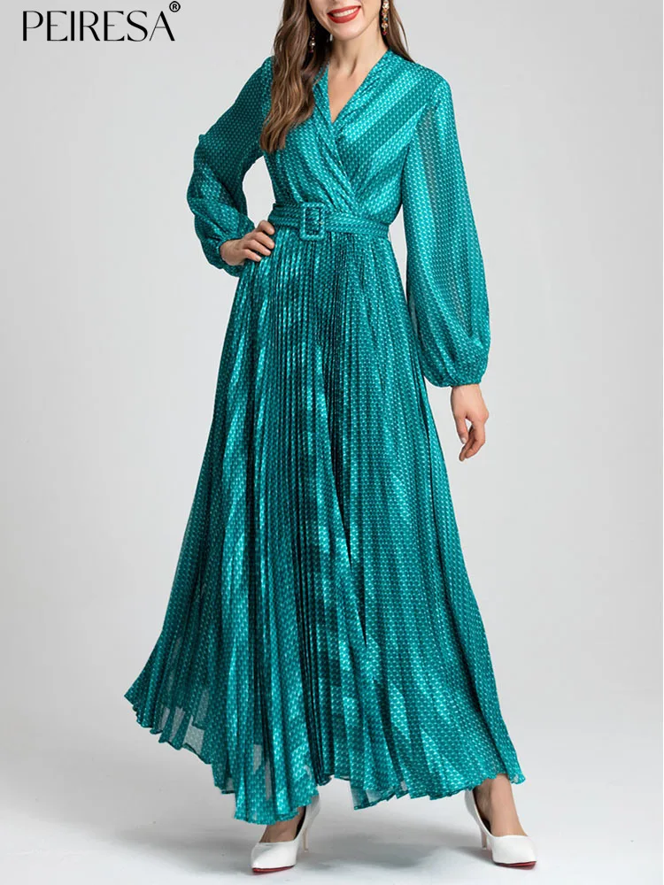 

PEIRESA Runway Fashion Designer Vintage Printing Pleated Dress V Neck Lantern Sleeve French Style Maxi Dresses 2023 New Spring