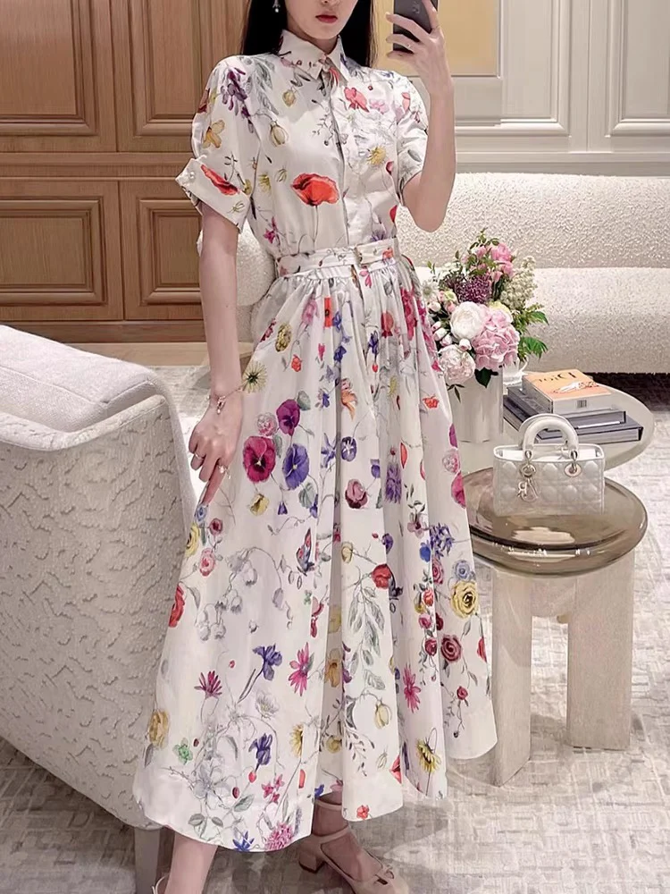 

Designer vintage print lapel lace-up short-sleeved dress Women's new summer fashion loose swing pompadour dress