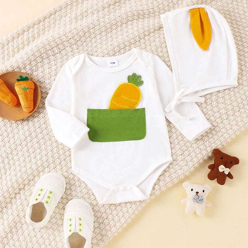 

Infant Baby Boys Girls Easter Jumpsuit Carrot Pattern Long Sleeve Romper with Bunny Hat Clothes Set