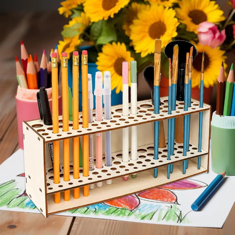 67 Slot Premium Wooden Brush Holder Painting Brush Pen Storage Holder Stand Durable Artist Desk Organizer DIY Assemble