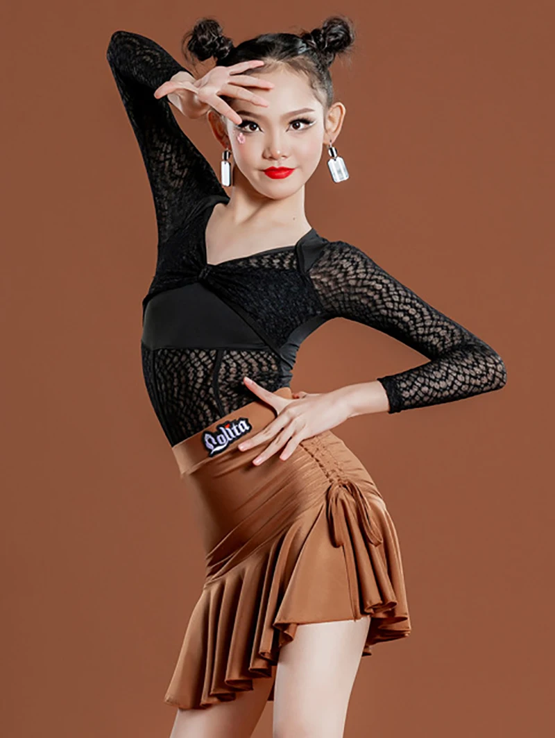 

Latin Dance Clothes Kids Black Lace Mesh Tops Skirt Women Girls Club Rumba Tango Dance Performance Costume Practice Dancewear