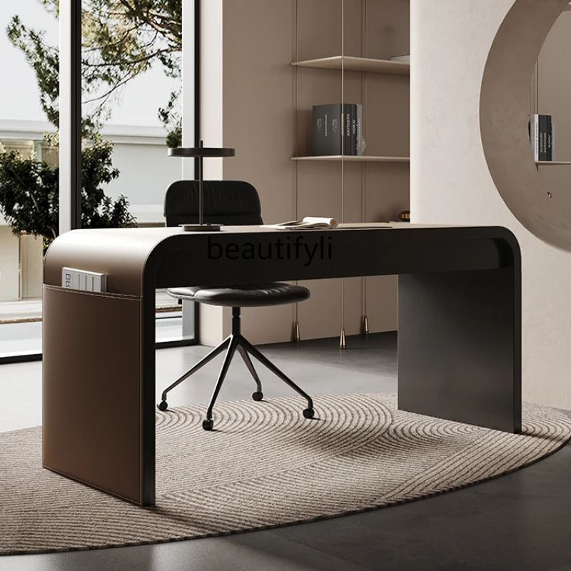 

Italian Minimalist Study Desk Light Luxury Saddle Leather Designer Creative Desk Living Room