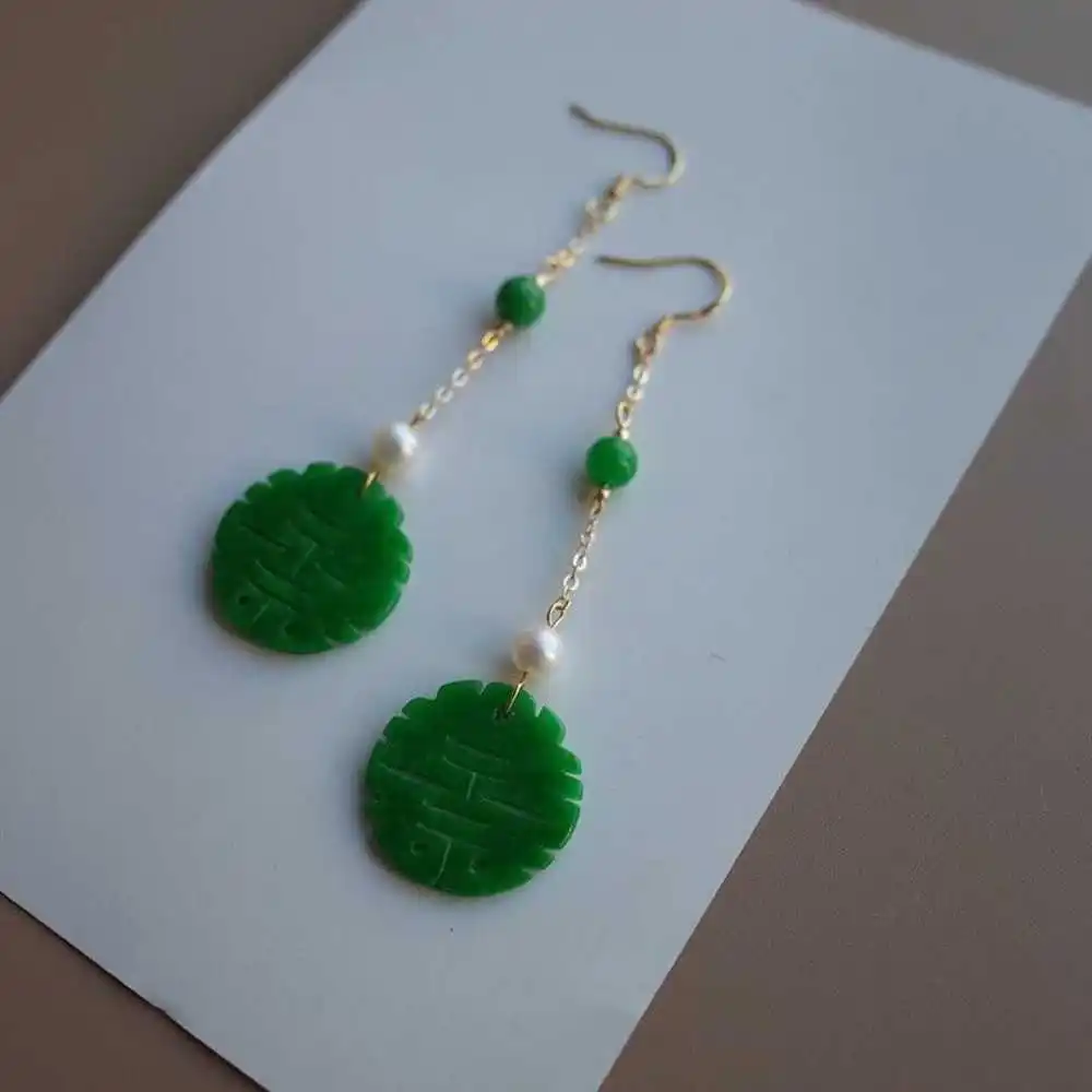 

Natural Jadeite Double Happiness Earrings Freshwater pearl Classic Jewelry Fashion Halloween Freshwater FOOL'S DAY Christmas