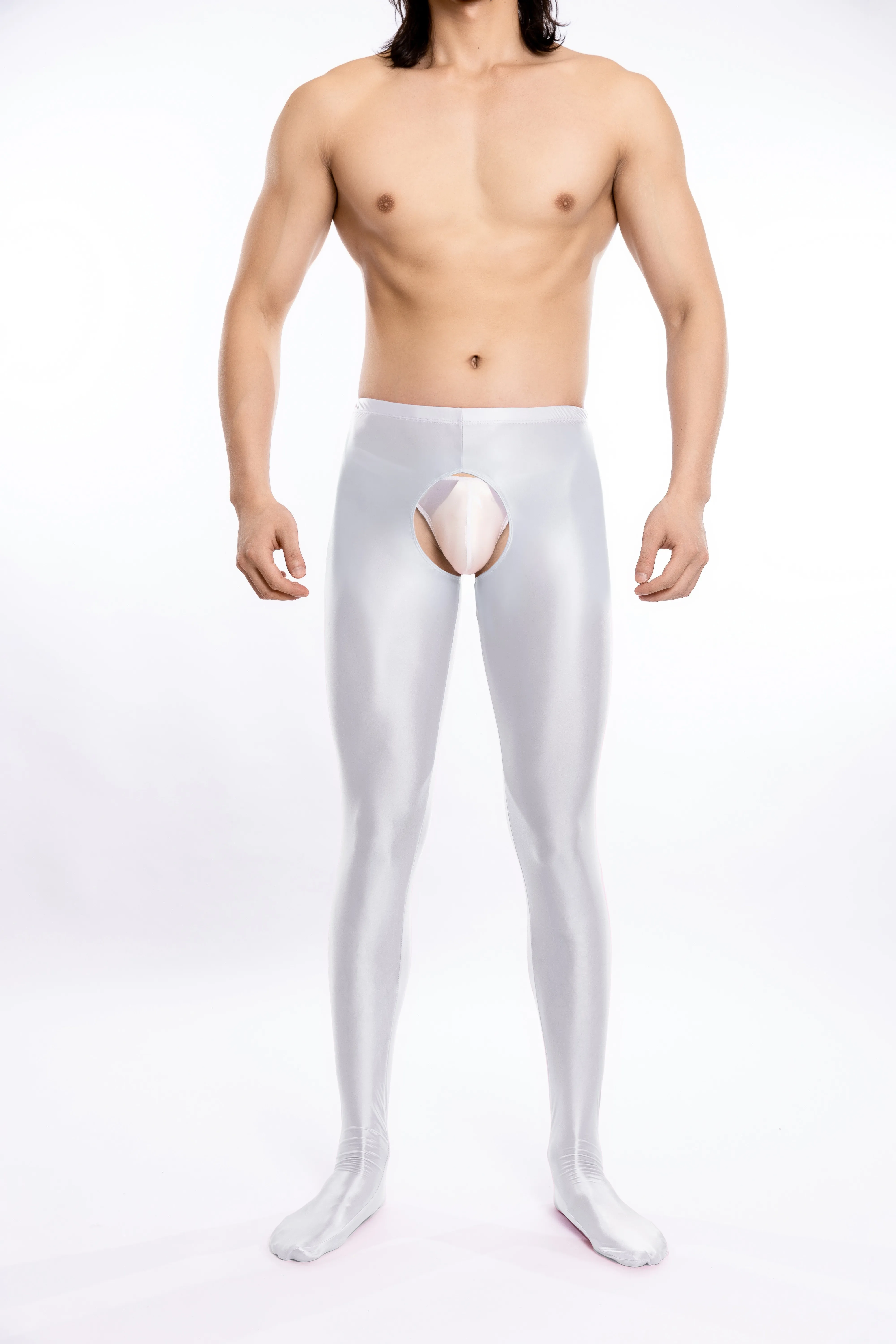 Men's open crotch leggings high waisted covered cut shiny bodysuits underwear nightclub dance costumes