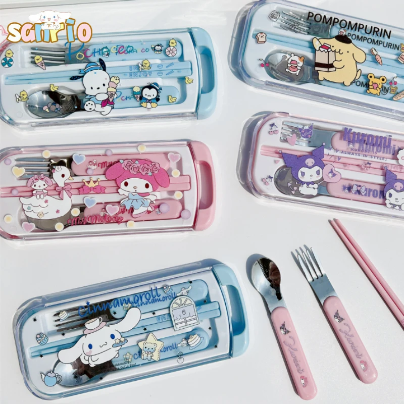 

Kawaii Sanrio Hello Kitty Cinnamoroll Children's Cartoon Tableware Anime Kuromi My Melody Stainless Steel Fork Spoon Set Cutlery