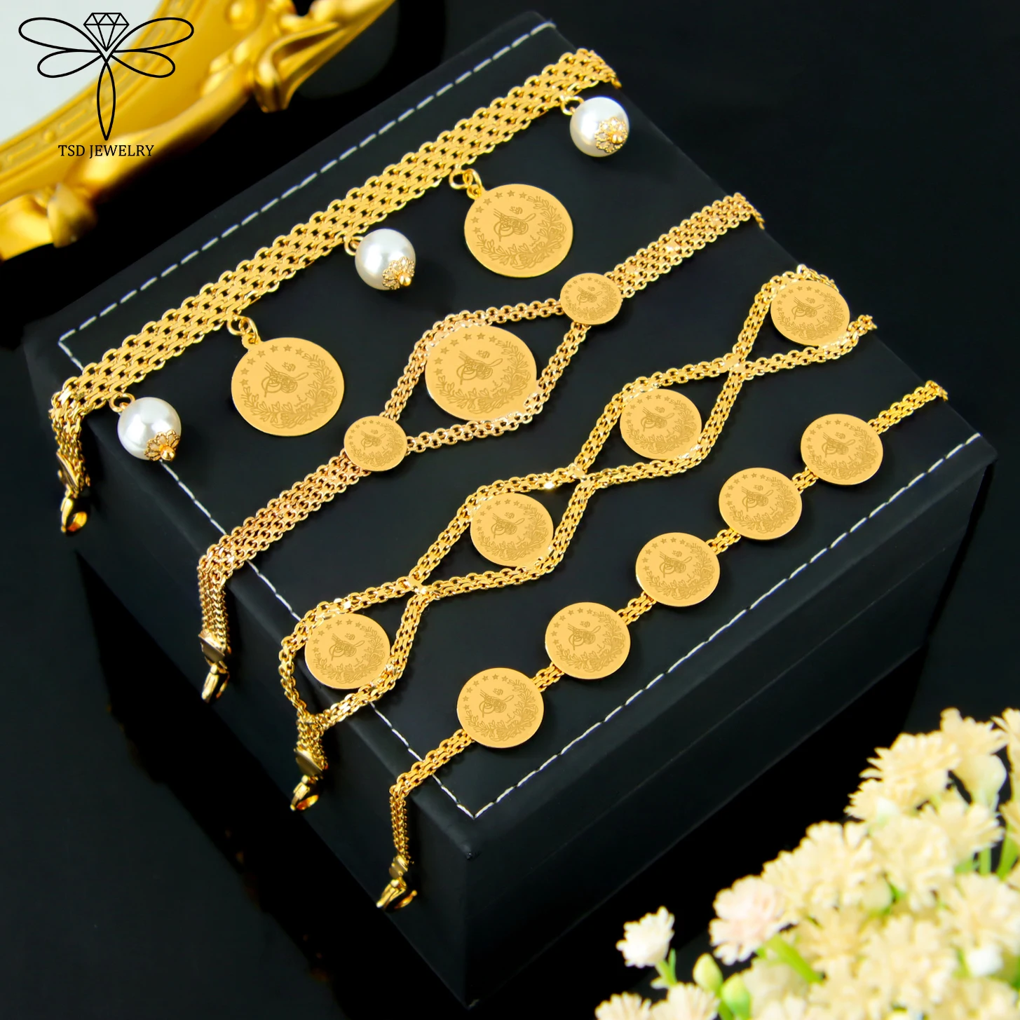 Türkische Vintage-Münzen-Armband, 21 Karat vergoldet, Dubai, modische Perlen, Glückshandketten, arabische muslimische Frauen, Hochzeit, Party-Schmuck – Detail 1