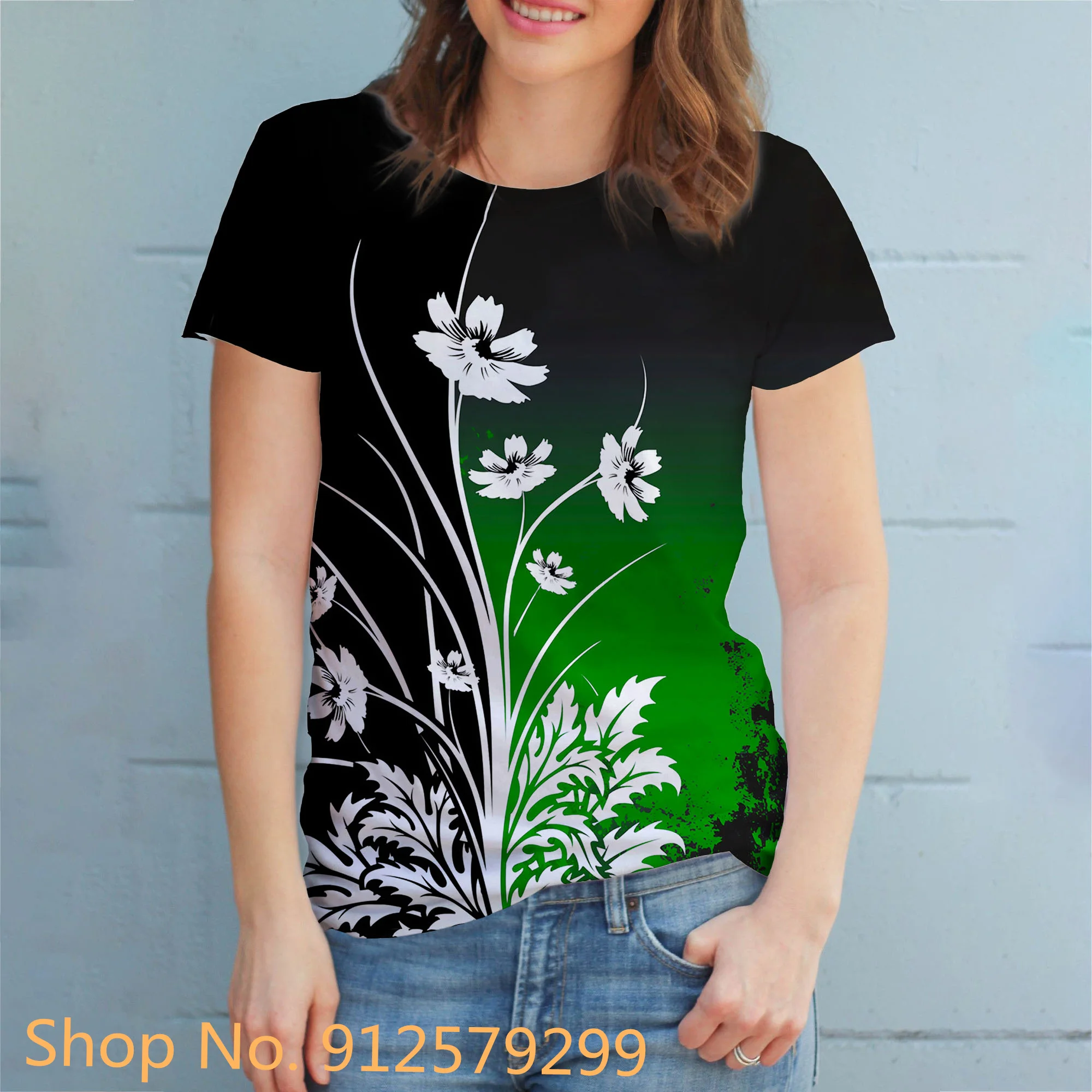 

2022 Women's Fashion Floral Theme Painting T Shirt Summer Floral Print Round Neck Basic Tops