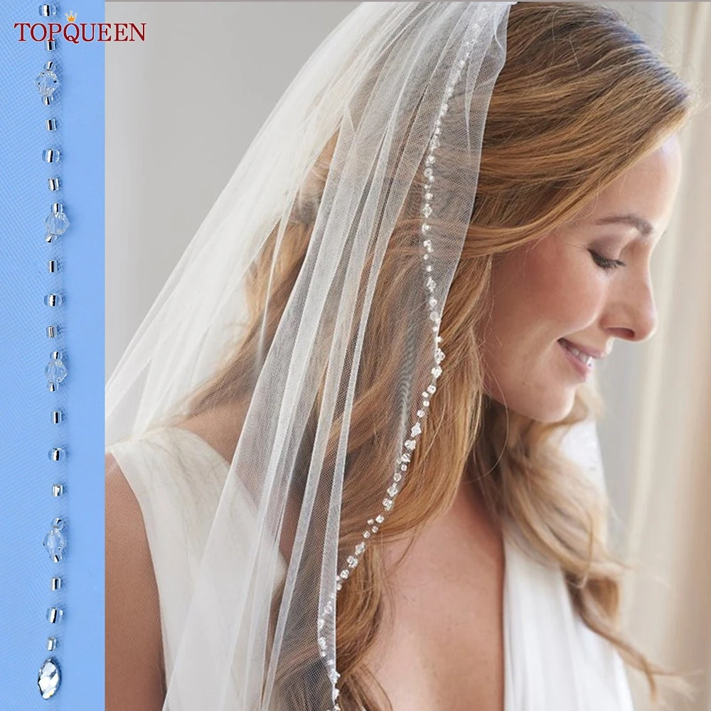 Opal Crystal and Pearl Edge Beaded Fingertip Wedding Veil