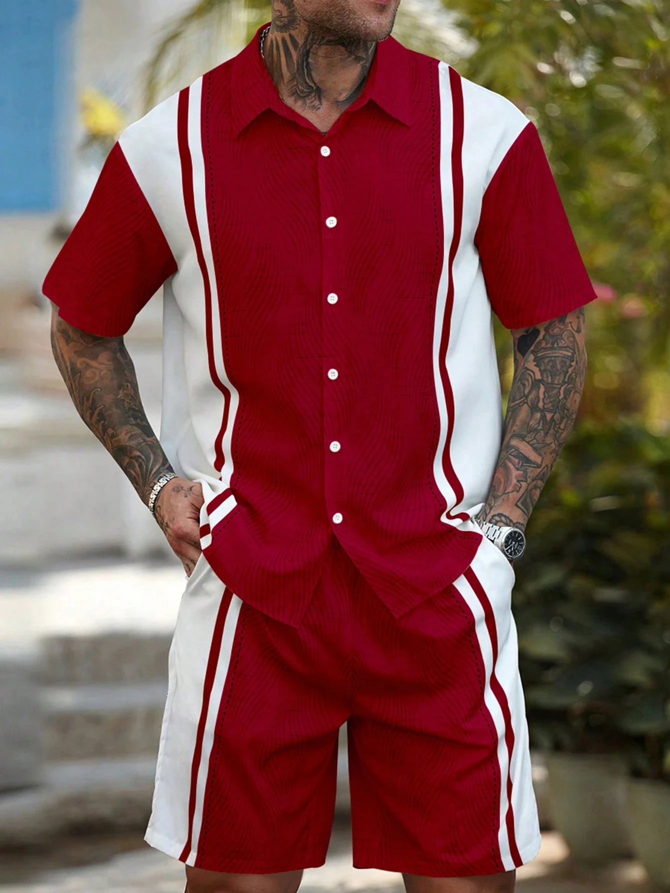 هاواي بسيط شريط طباعة قميص رجالي والسراويل قطعتين...