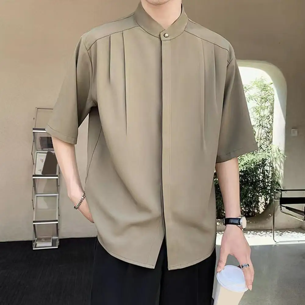 Men Top Soft Texture Stylish Stand Collar Ice Silk Cardigan Summer Office Wear Pleated Loose Fit Half Sleeves Casual