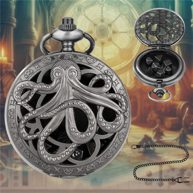 Retro Hollow Octopus Pocket Watch Case Pendant Chain with 7pcs Metal Polyhedral Dice Role Playing Board Games Accessory