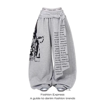 ZHIZOU Women Gray Gothic Baggy Y2k Letter Print Pants Harajuku 2000s Vintage Oversize Sweatpants Wide Leg Trousers Autumn 2025 1