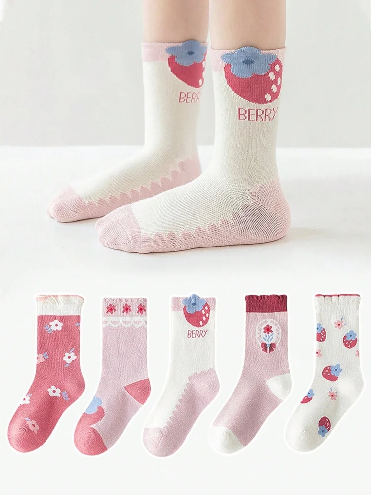 5 Pairs of Girls' Socks That Can Be Worn in Spring and Summer, Strawberry Autumn and Winter Baby Socks, Soft Mid-calf Socks 3