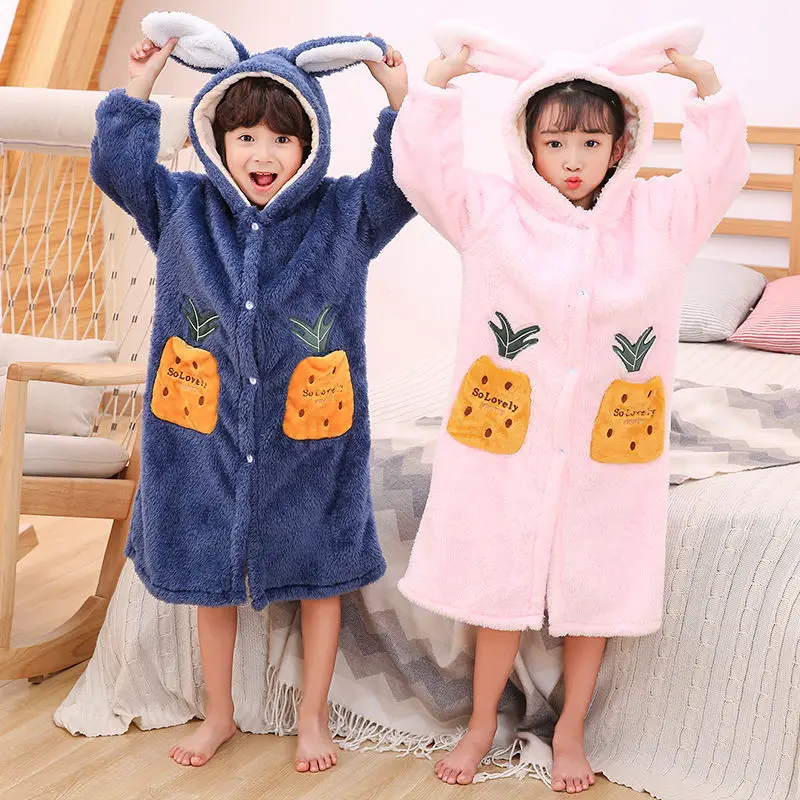 Fashion Boys Girls Winter Pajamas Hooded Cartoon Bathrobe Flannel Robe Set Kids Children Sleepwear Coral Velvet Home Clothes