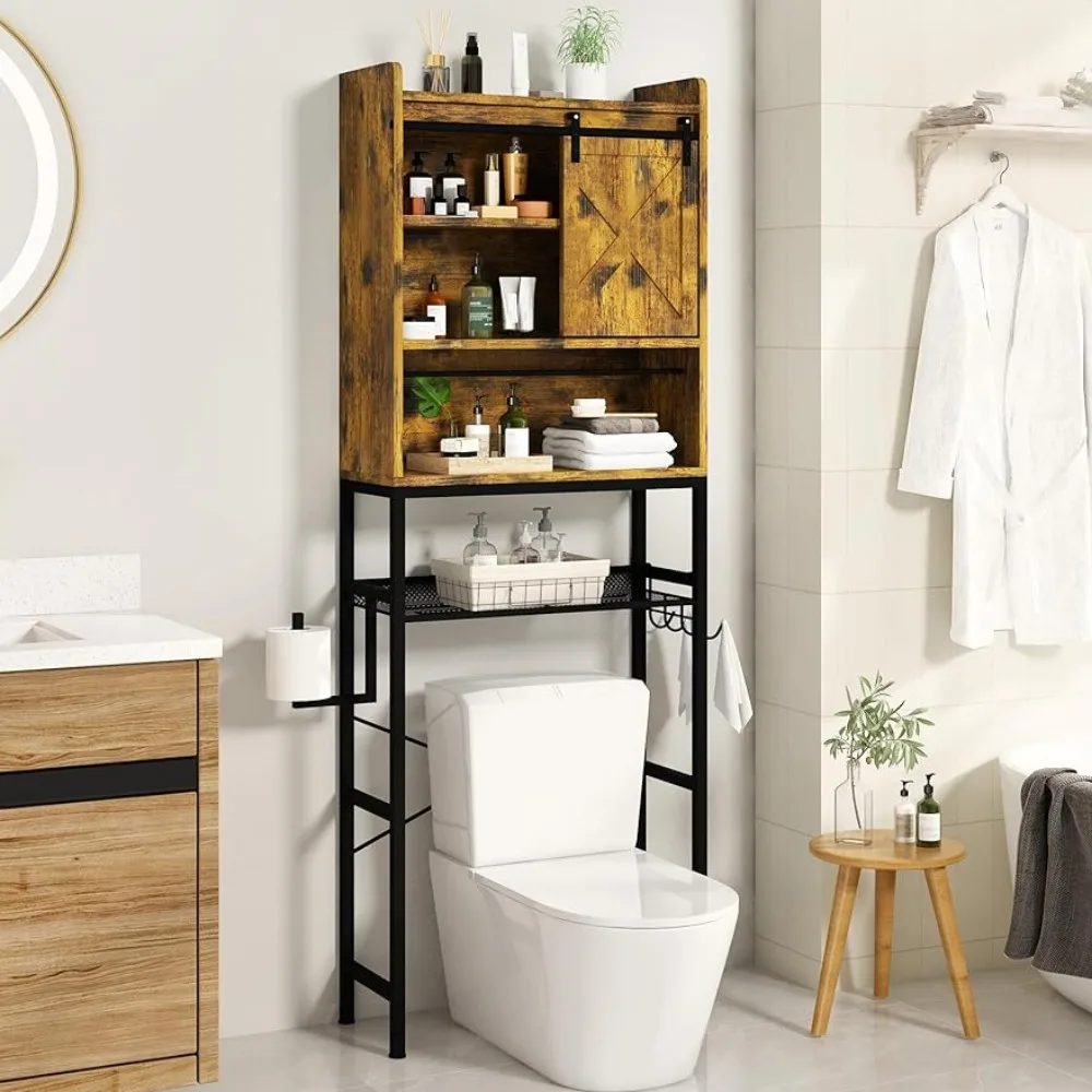 

Bathroom Cabinet, Independent Bathroom Organizer with Adjustable Shelves, Paper Hooks, Space Saving Toilet Rack