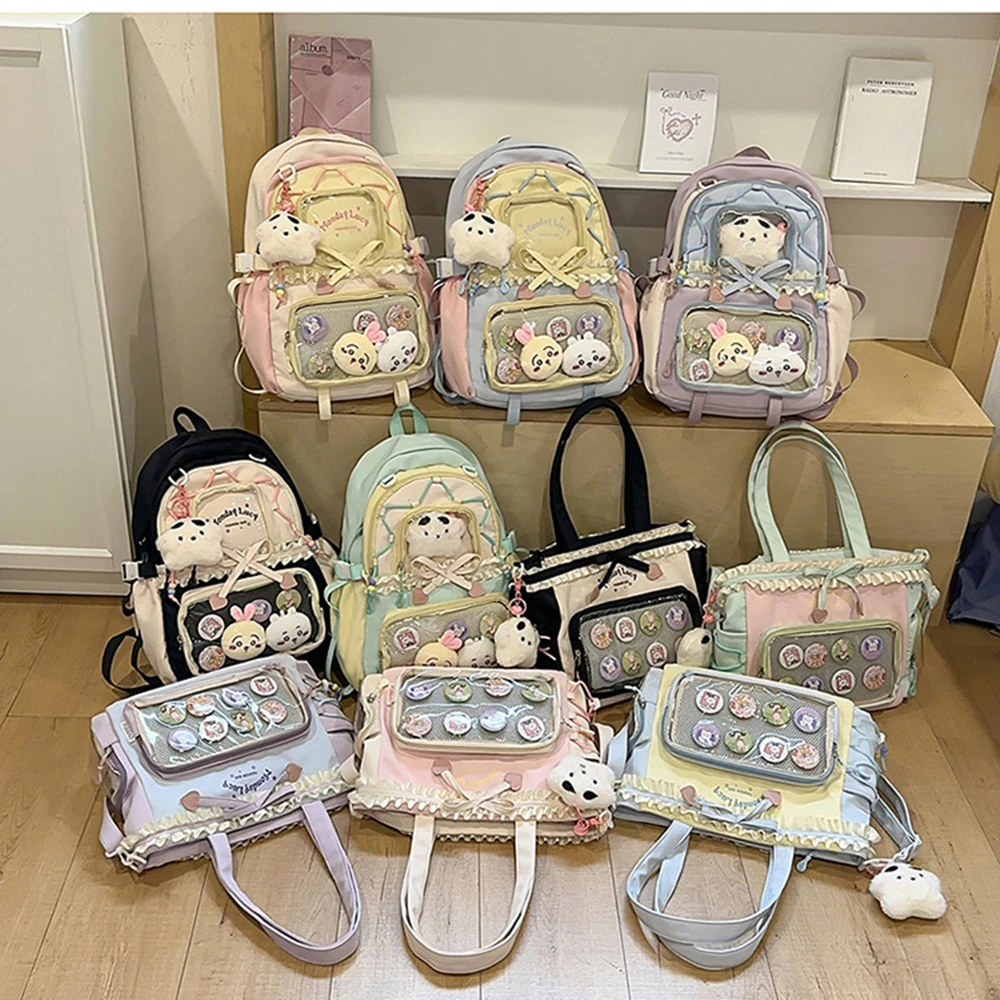 New Y2k Sweet Shoulder Bag Lolita Girl Transparent Tote Bag Women Large Capacity Lace Bow Crossbody Bag Cute DIY Display Handbag