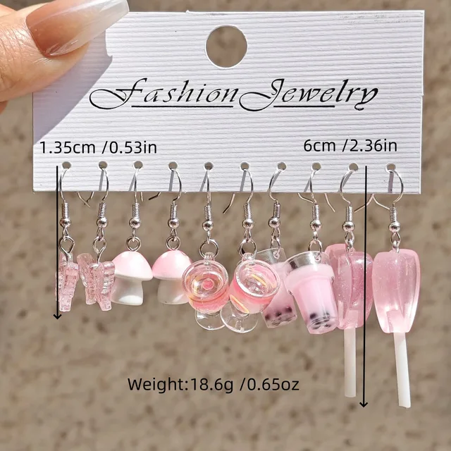 European and American cross-border cartoon fashion resin simulation food, milk tea, mushroom candy earrings, pink set 4
