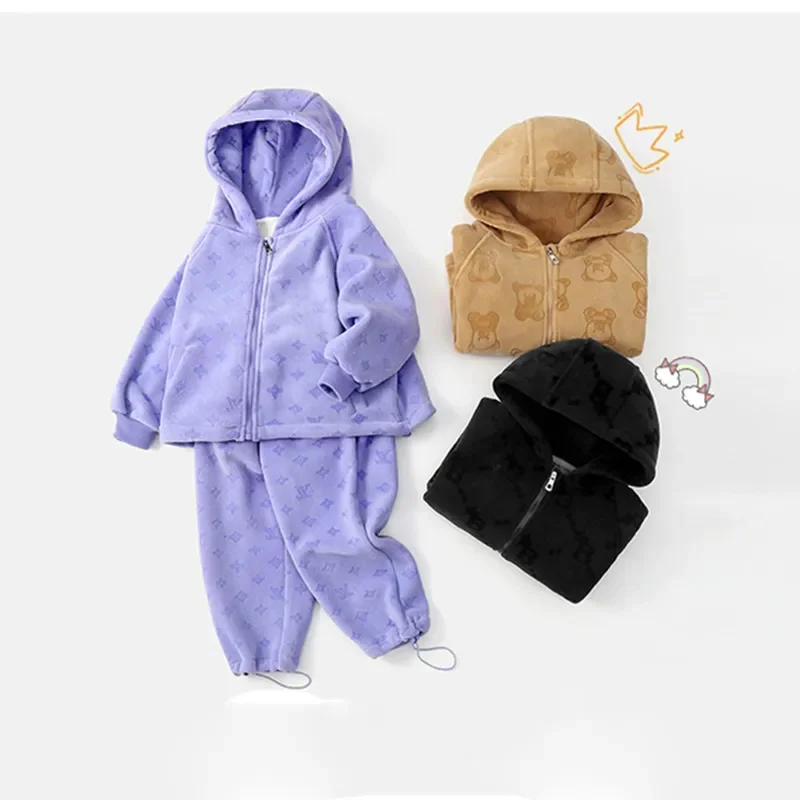 

Sets for Children Hooded Thickening Warm Double Sided Fluffy Fleece Children's Clothing Winter Infant Top and Bottom Clothes Set