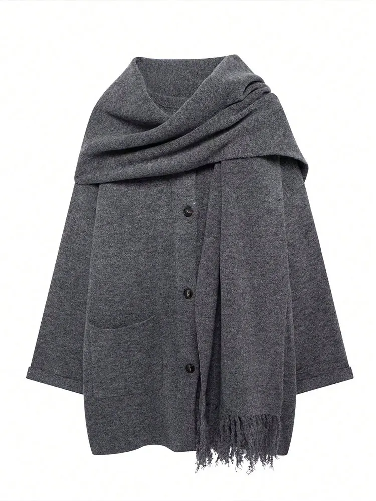 HH Women Knitted Cardigan Coats With Scarf Loose Casual Single Breasted Long Sleeve Jackets Autumn Woman Elegant Fashion Outwear