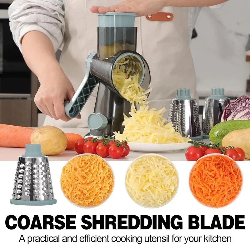 3-in-1 Rotary Food Prep Tool Slicer Grater Grinder Manual for Nuts Vegetables Cheese with Clear Kitchen Container