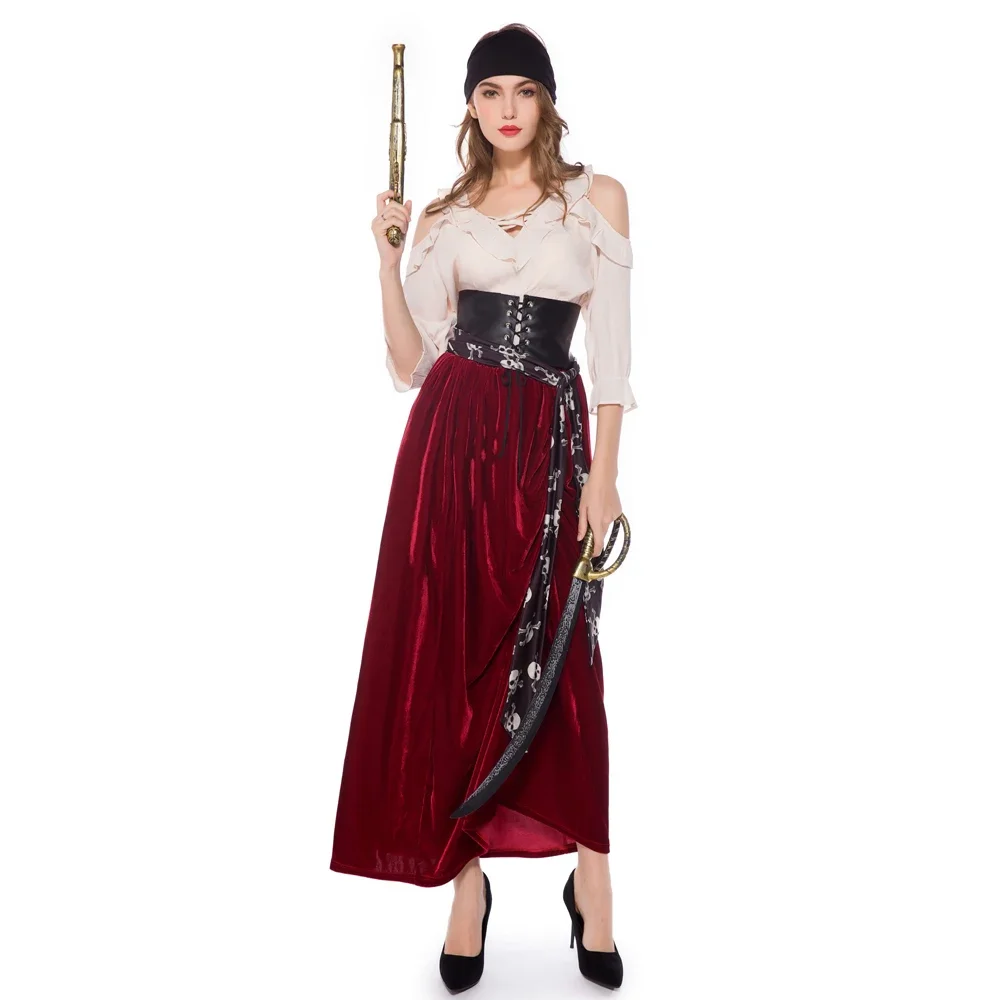 

Adult Women Halloween New Cosplay Pirate Costume Sexy Cold Shoulder Tops Red Maxi Long Skirt DS Party Costume Outfit For Ladies