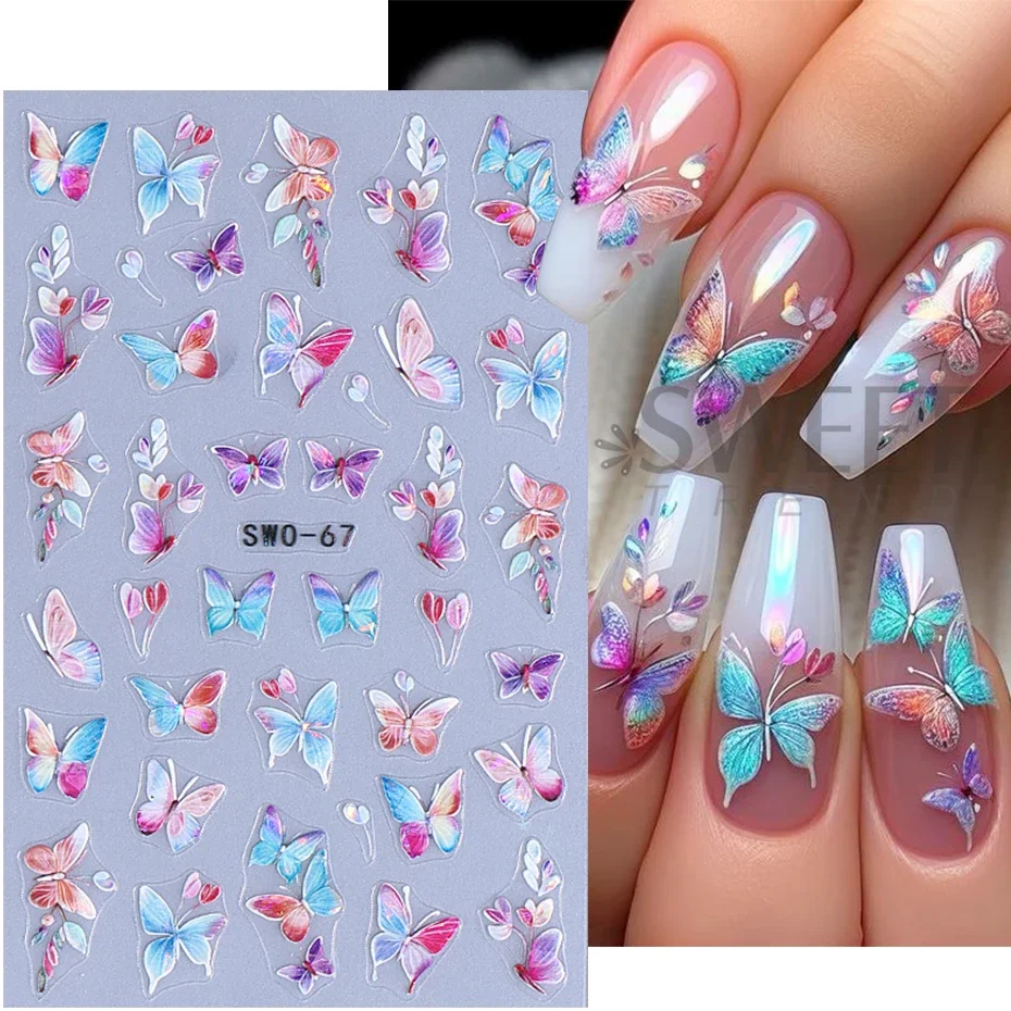 3D Wings Designs Nail Art Stickers Embossed Butterfly Lily Petals Nail Decals DIY Self Adhesive Sliders Manicure Decoration Tips