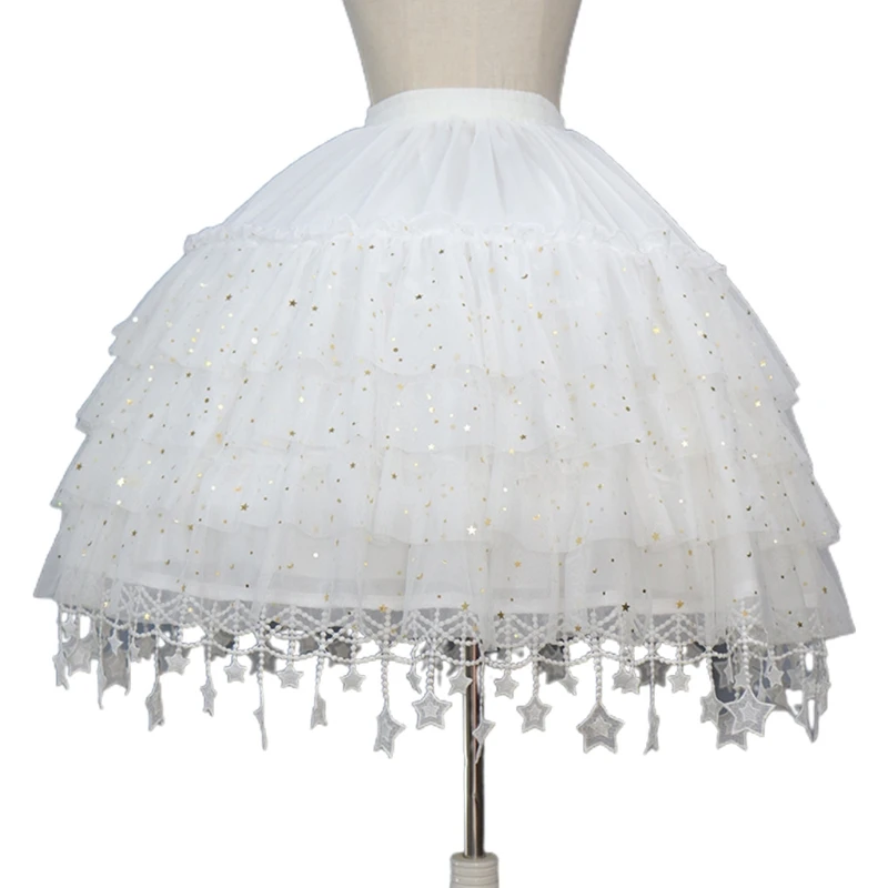Women Lolita Skirts Crinoline Petticoat Wedding Party Underskirt Elastic Waist 2 Hoop Chiffon Gothic Skirt for Cosplay
