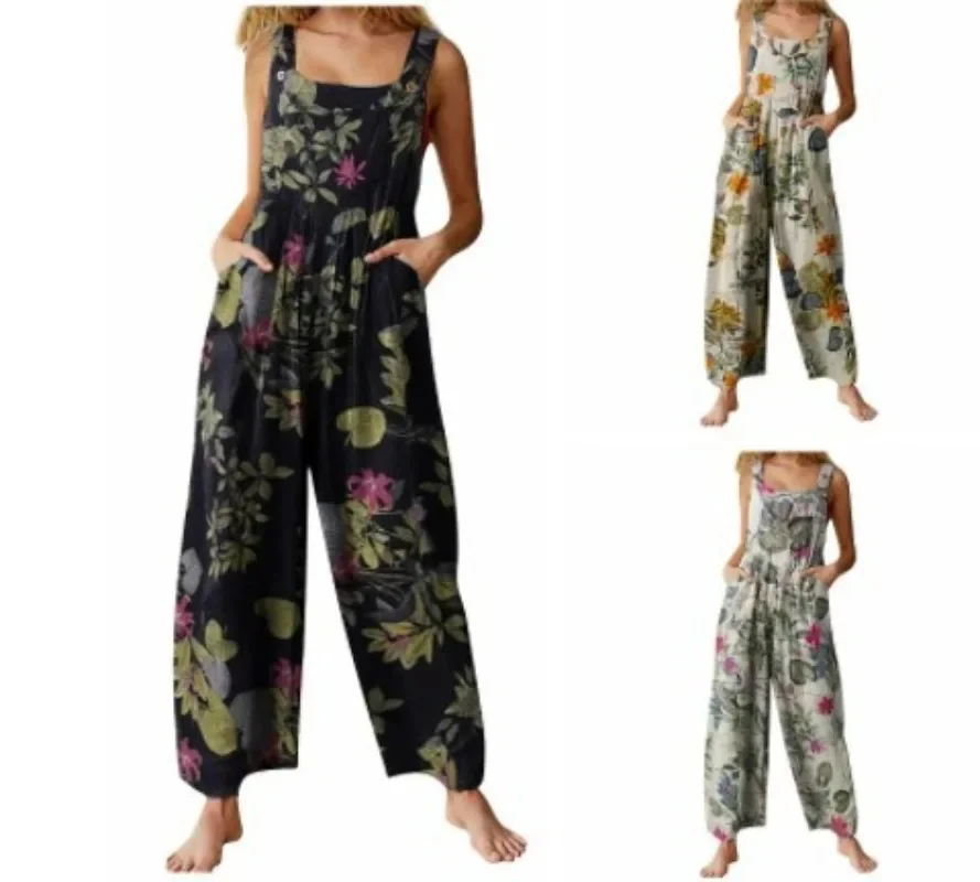

Womens Rompers New Summer Fashion Sleeveless Printed Straight Loose Jumpsuit for Women