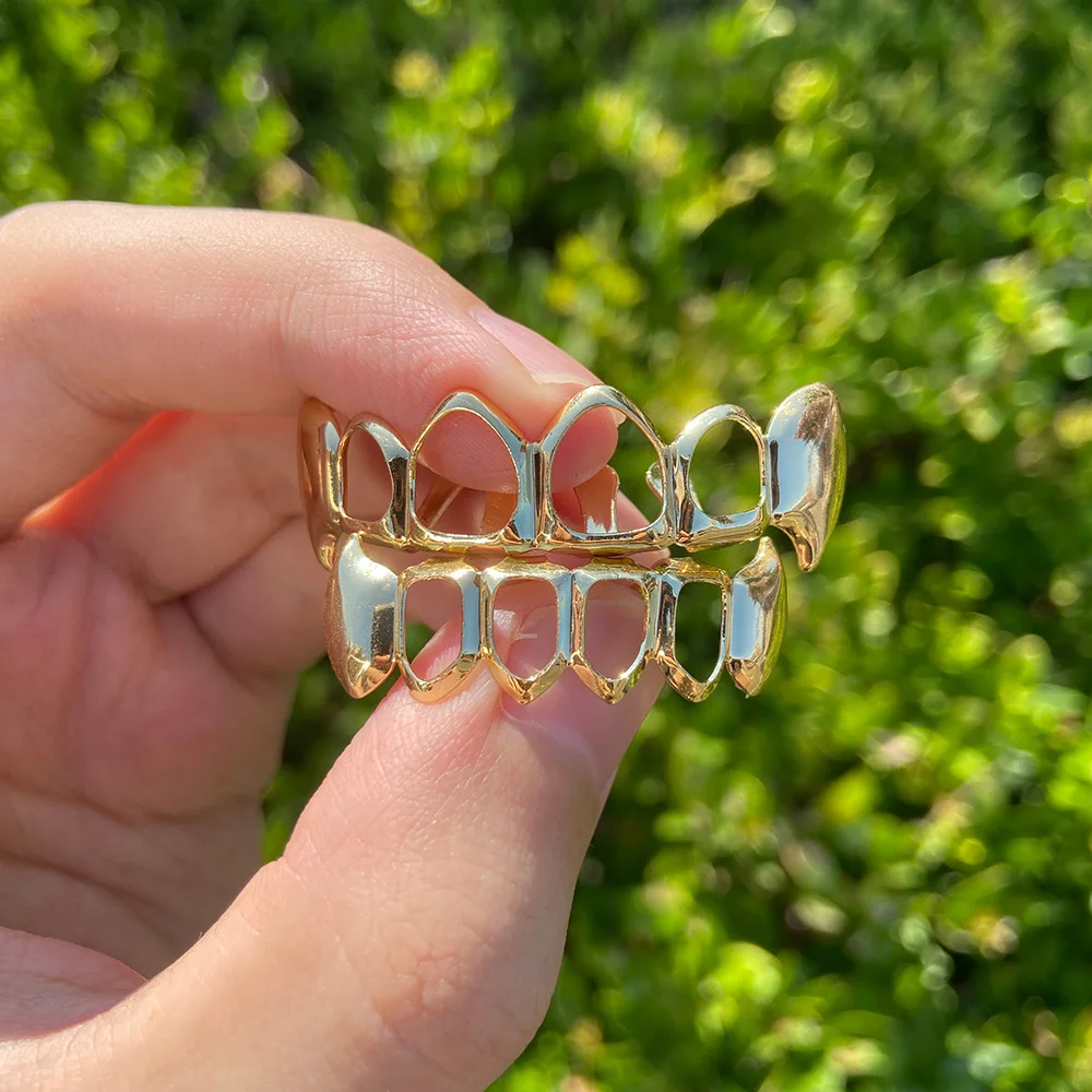RACHELZ14KGoldPlatedTeethGrillzHipHopHollowFangsToothCaps