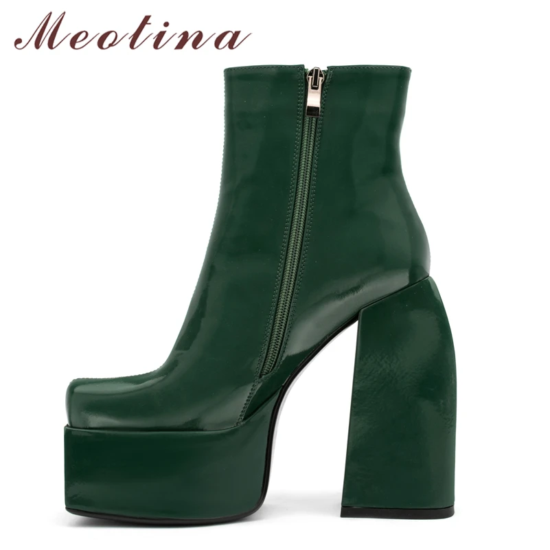 

Meotina Women Ankle Boots Square Toe Platform Chunky High Heel Fashion Zipper Short Boot Autumn Winter Ladies Shoes Green 45