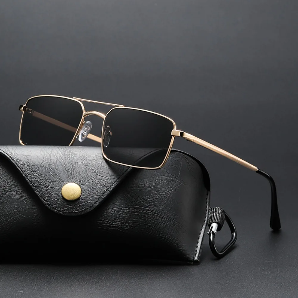 Elegant Vintage Double Bridge Square Sunglasses with Gold Metal Frame and Black Lenses - Luxury Men's Streetwear Eyewear