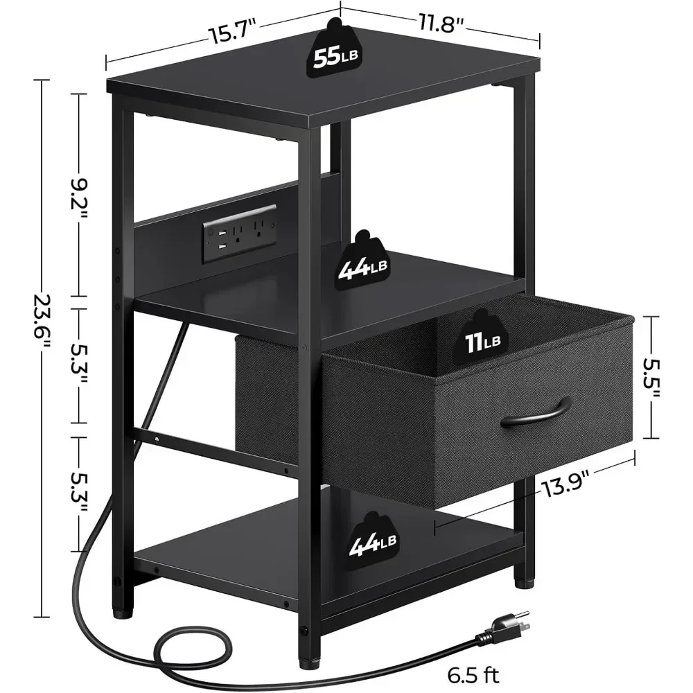 Nightstand Set of 2 LED Bedside Tables Charging Station Fabric Drawer Storage 3 Tier
