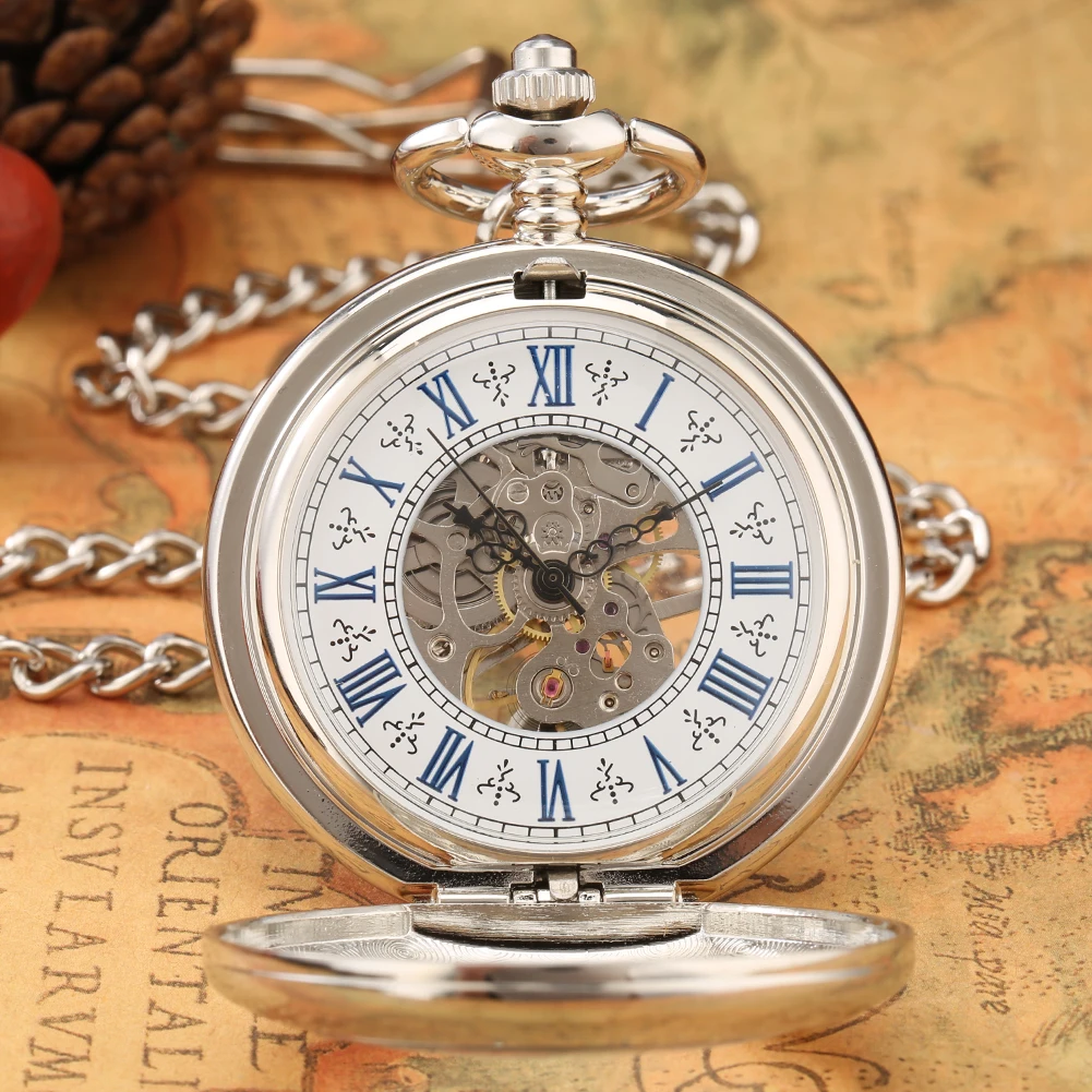 The Silvery Pocket Watch features an open lid, Roman numerals, a skeleton dial showing detailed gears, and comes with a chain. It is displayed on an old map background for a classic vintage look.
