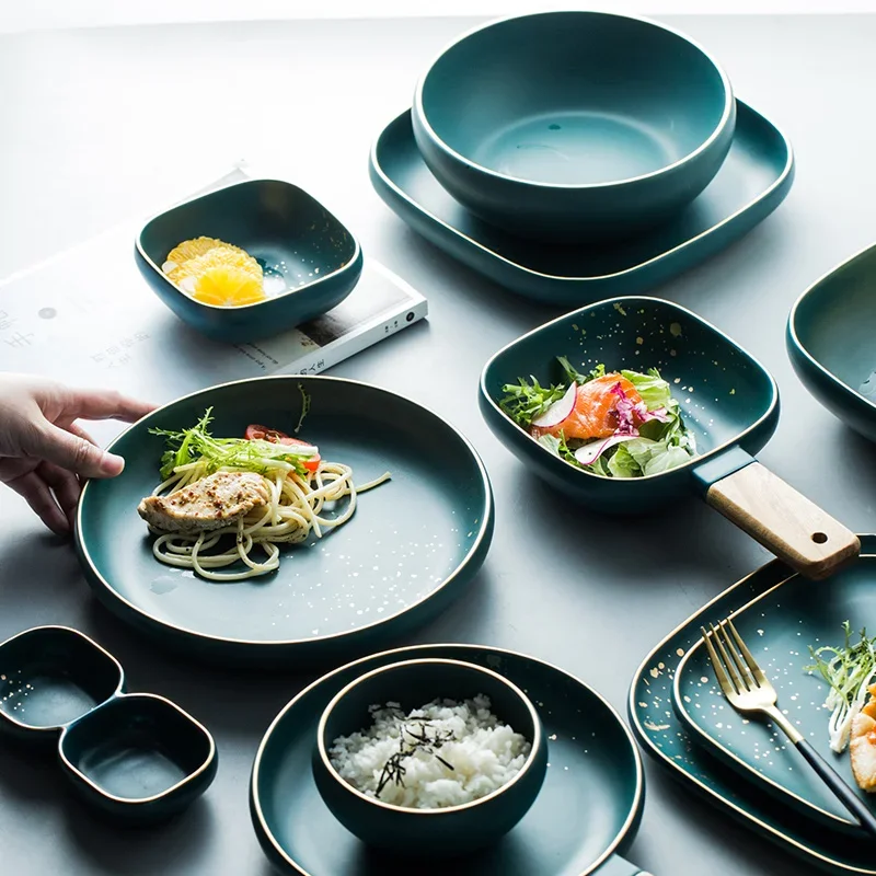 Ceramic Western plate and plate set Nordic dark green light luxury Phnom Penh steak rice soup bowl dish