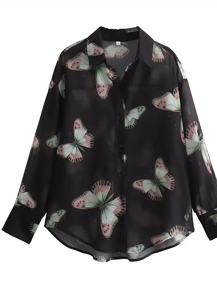 Chic Butterfly Print Loose Long-sleeved Top Women 2023 Autumn Spring Turn-down Collar Button Asymmetric Tops Female Streetwear