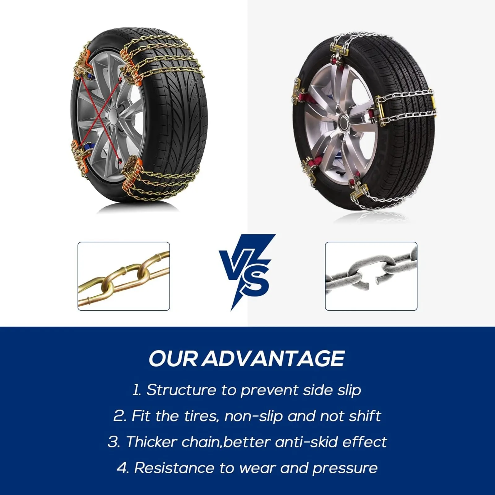 US Tire Chains, 8 Pack Snow Chains for Car SUV Pickup Trucks, for Tire Width 205-265mm(8.1-10.4 inch), Adjustable Portable