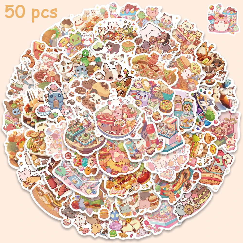 50pcs Animal Food Stickers Aesthetic Cute Decals For Kids Toy Laptop Bike Skateboard Motorcycle Helmet Notebook Stickers 50pcs teacher stickers aesthetic teachers day vinyl waterproof stickers for water bottle laptop luggage helmet skateboard