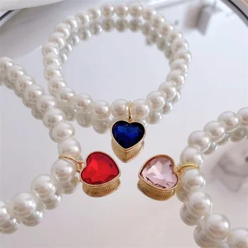 1pc Fashion Candy Colored Pet Pearl Collar Adjustable Jewelry Necklace for Small Dogs Cats Handmade Love Pendant Dog Accessories