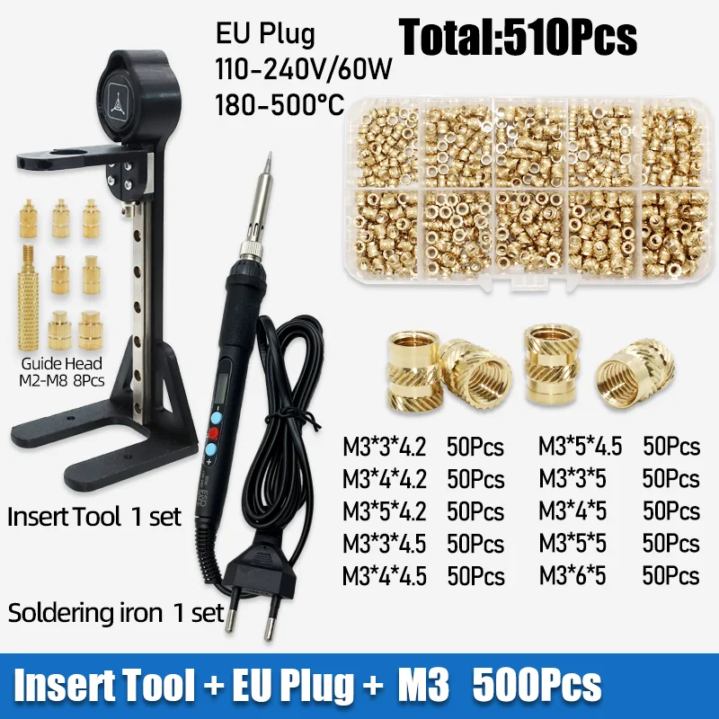 Heat Set Insert Tool Kit with Soldering Iron Tips and Brass Threaded Nuts