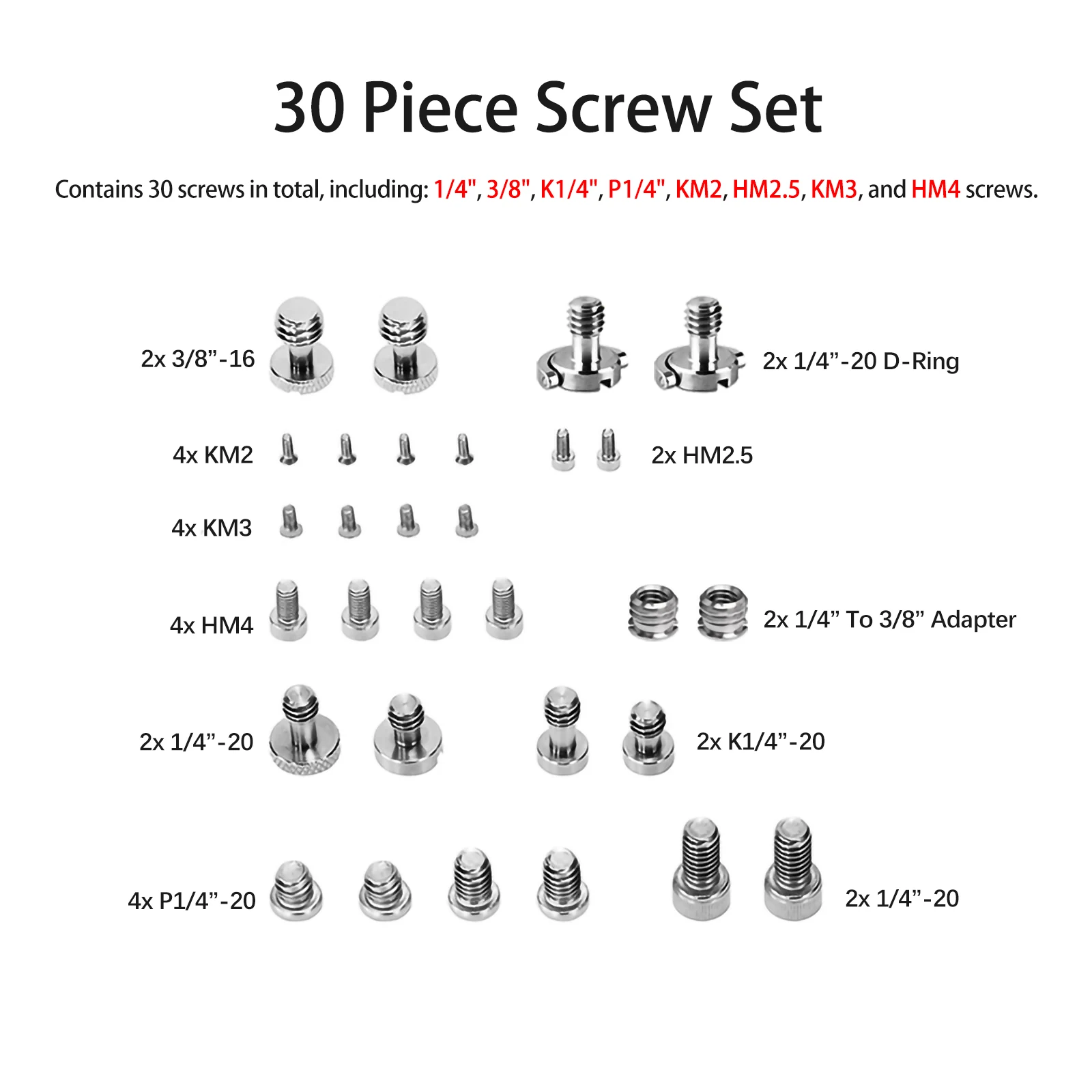 30개 카메라 나사 삼각대 나사 어댑터 팩 1/4, 3/8, M2, M2.5, M3, M4 퀵 릴리스 플레이트 마운트