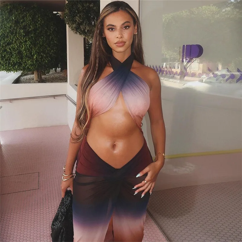 

2024 Summer Sexy Mesh Printed Gradient See Through Long Dress Women Halter Backless Hollow Out Bandage Slim Club Partywear Robes
