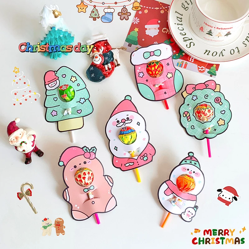 

HOT! 12Pcs/2Set Christmas Party Candy Package Card Wreath Snowman Lollipop Holder Biscuits Decor Kids Gift Home DIY Supplies