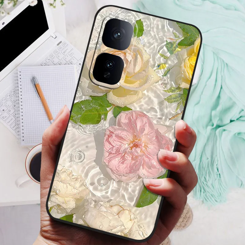 Black Floral Silicone Soft Phone Case - Protective Bumper Cover