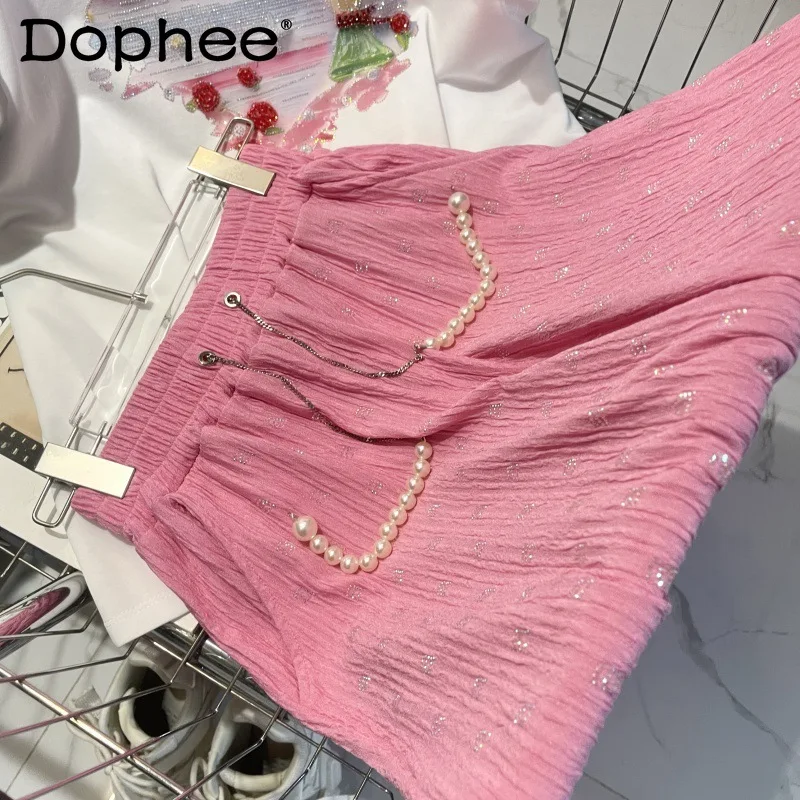 2024 Spring Summer Thin Heavy Embroidery Hot Drilling Pearl Pendant Anti-Wrinkle Drooping All-Matching Straight Mop Pants Women