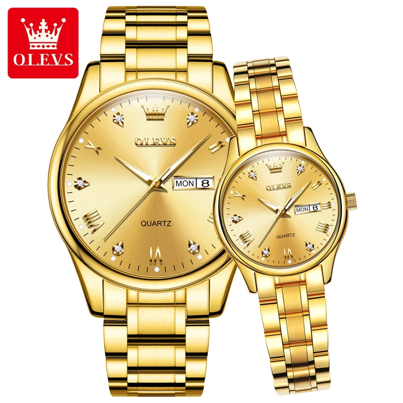 OLEVS 5563 Original Couple Watch Men Women Stainless Steel Waterproof Dual Calendar Quartz Watches