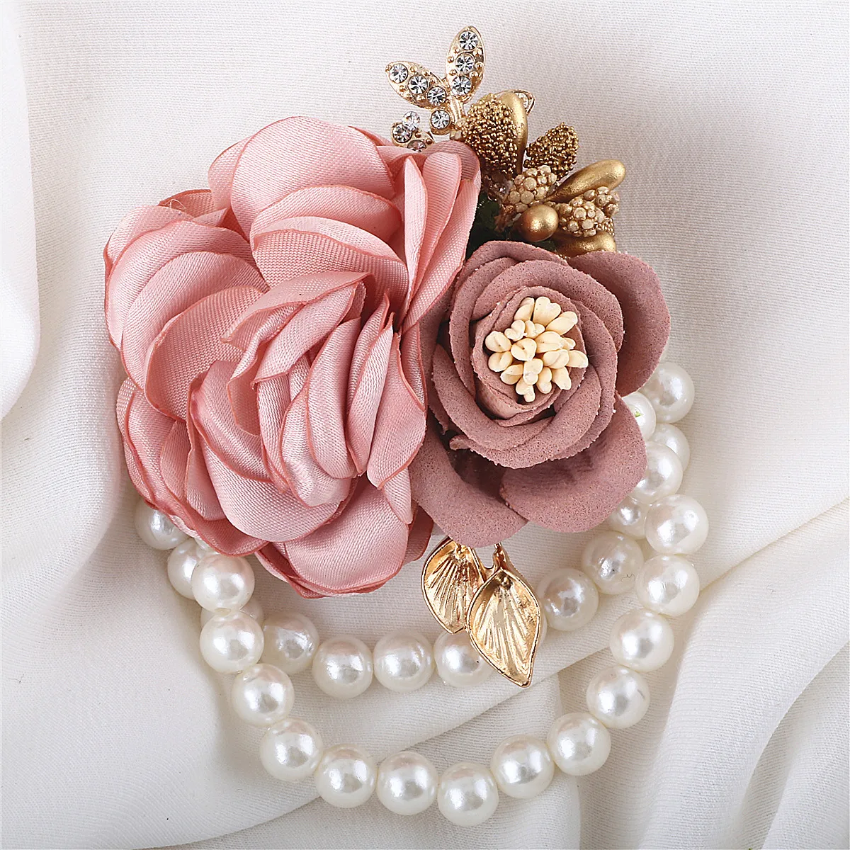 4-Piece Satin Rose Pearl Wrist Flower Set for Weddings & Formal Events White Silk Rose Wrist Corsage 2-Pack | eFavormart main image 3