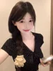 Slim Fit Bla Polka Dot Pure Desire ort Sve Summer Thin  Knot T irt Women's Regular oulder Korean Sle Top
