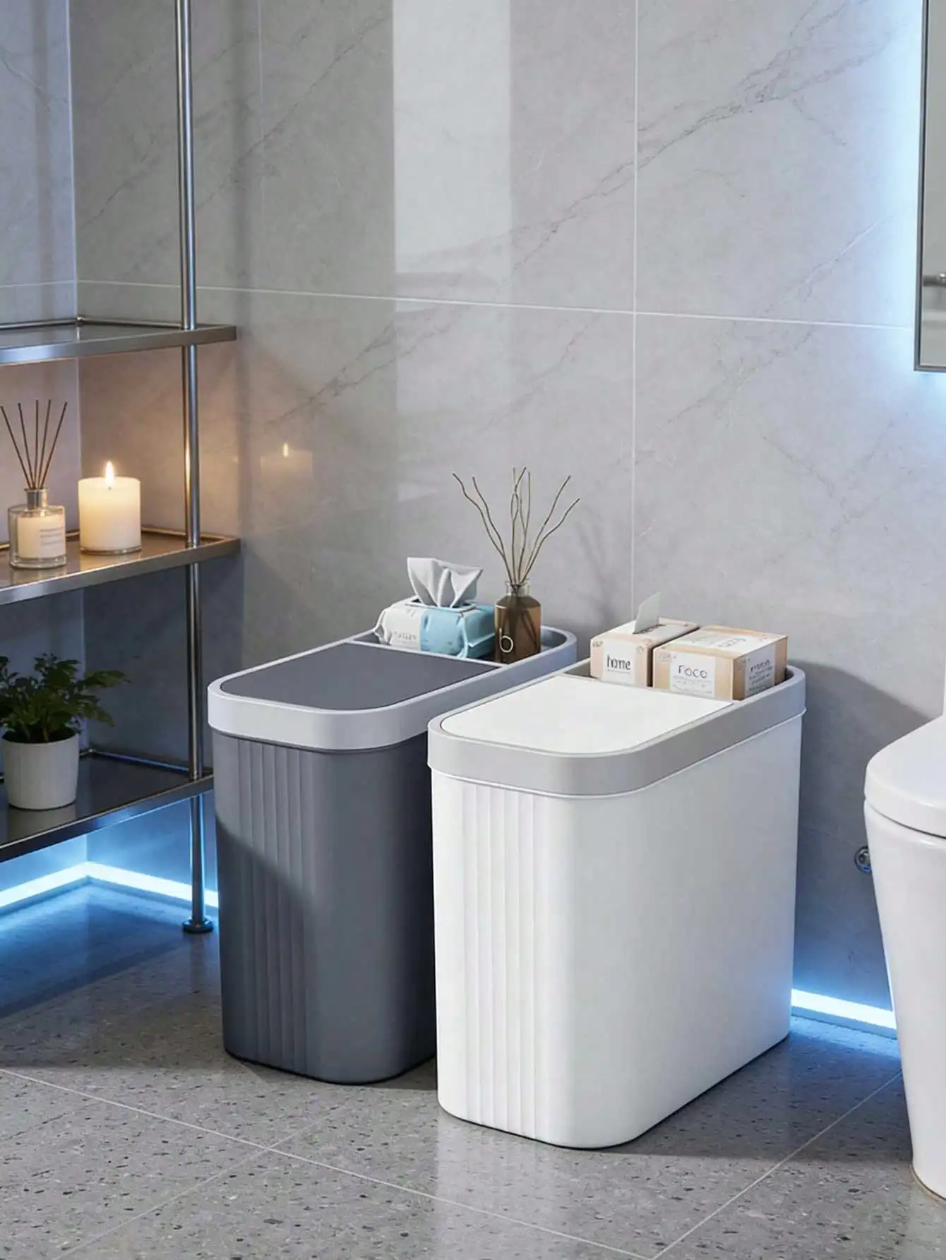 Narrow Hands-Free Trash Can With Lid For Bathroom Toilet Paper Slim Garbage Bin Minimalist Design Space-Saving Waste Basket Plas