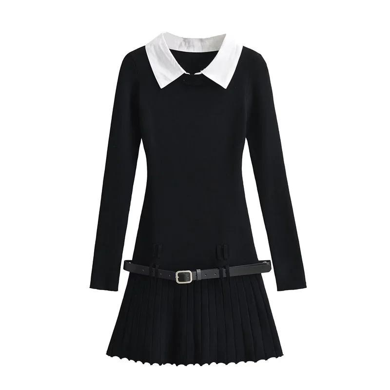 Korean Fashion Knitted Short Dresses for Women Autumn New Patchwork Long Sleeve Pleated A-line Y2K Sexy Party Dress with Belt